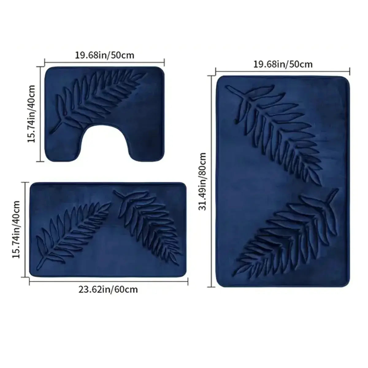 3-piece memory foam navy bathroom mat set with leaf embossing; includes U-shaped toilet mat and two mats, Simples Market