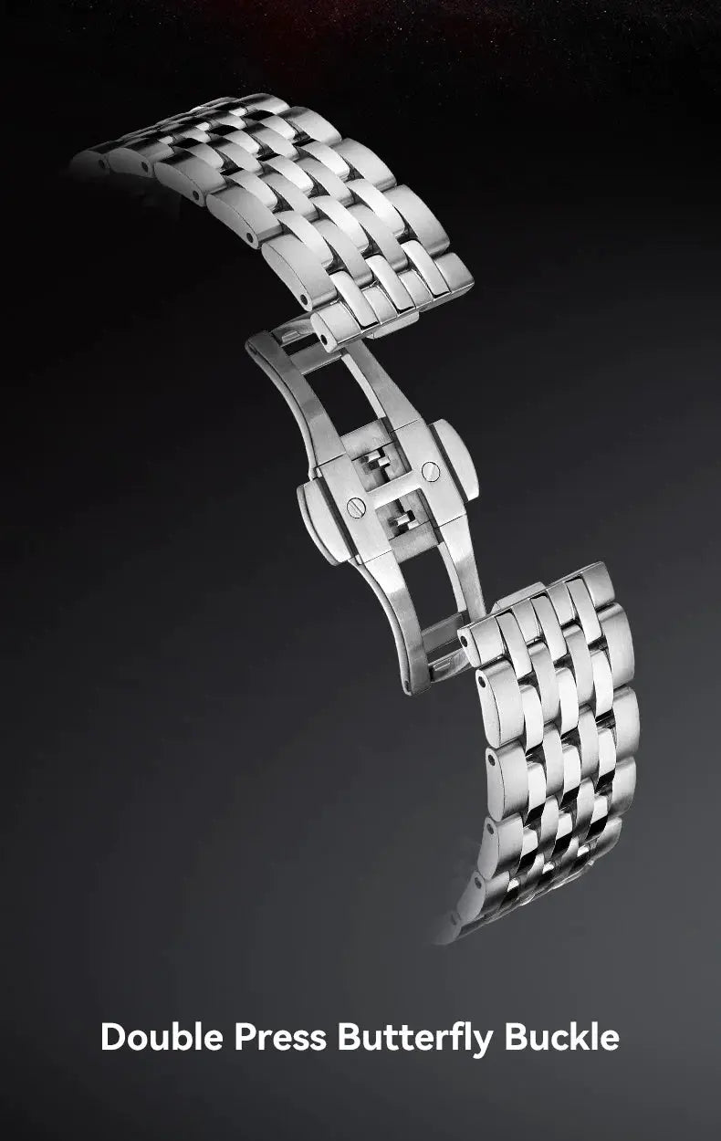 Men's stainless steel watch bracelet with a double-press butterfly buckle