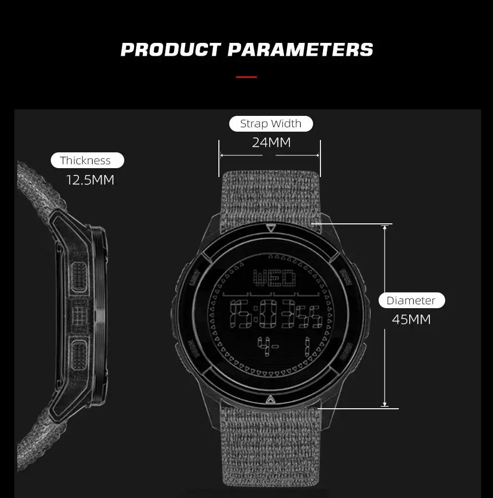 North Edge Alps digital carbon fiber watch with gray fabric strap, 45mm dial