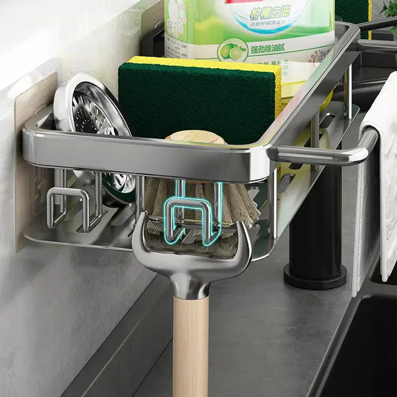 Simples Market wall-mounted kitchen drain rack; stainless steel, punch-free install with sponge and utensils.