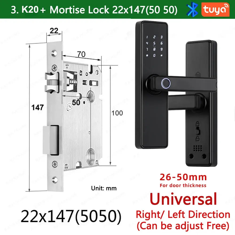 RAYKUBE K20 biometric smart door lock and mortise lock; Tuya-enabled, black finish