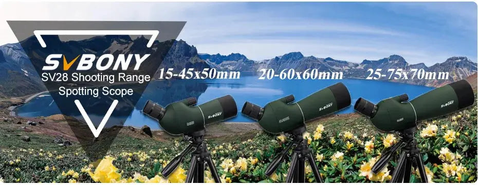 SVBONY SV28 spotting scope trio on tripods; three green waterproof scopes for bird watching