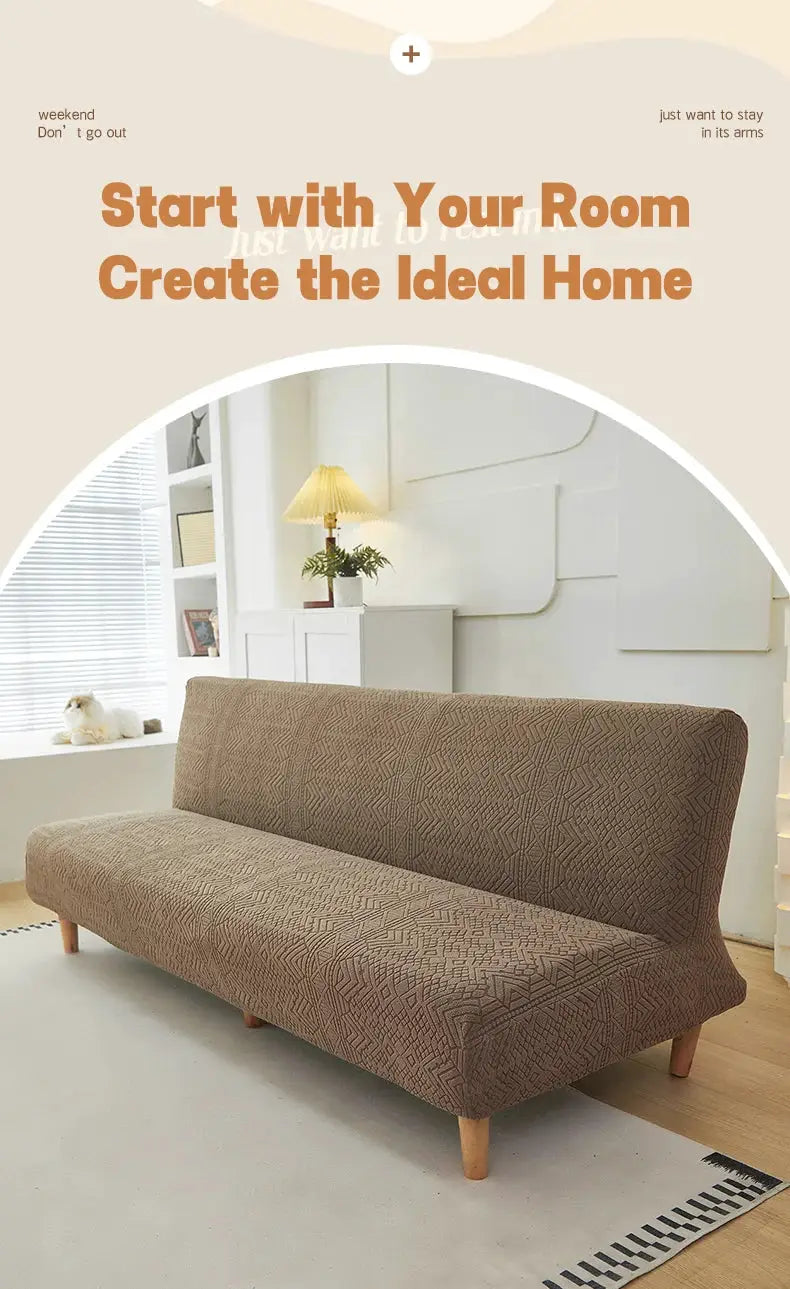 Stretch jacquard sofa bed cover in brown by Simples Market for living room