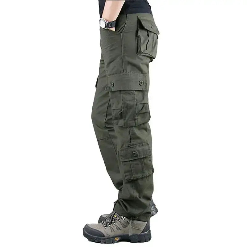Men's tactical cargo pants, olive green cotton with multiple pockets for work and training