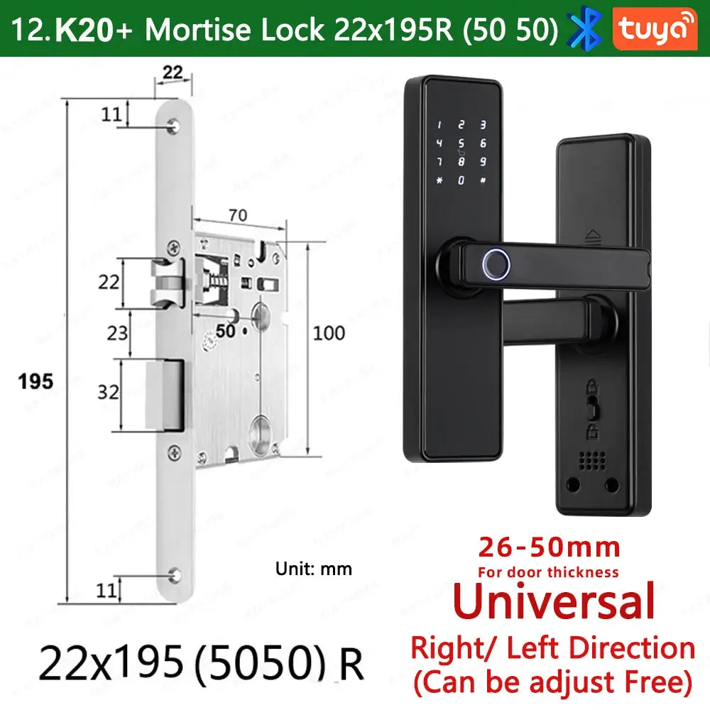 RAYKUBE K20 biometric smart door lock, black finish with Tuya app, fingerprint, IC card, password and key unlock.