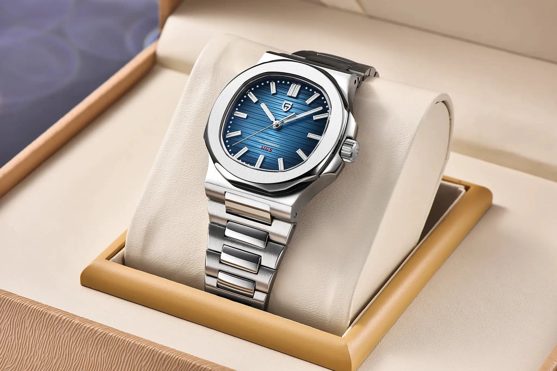Pagani Design 40mm stainless steel automatic men's watch with blue striped dial and sapphire glass