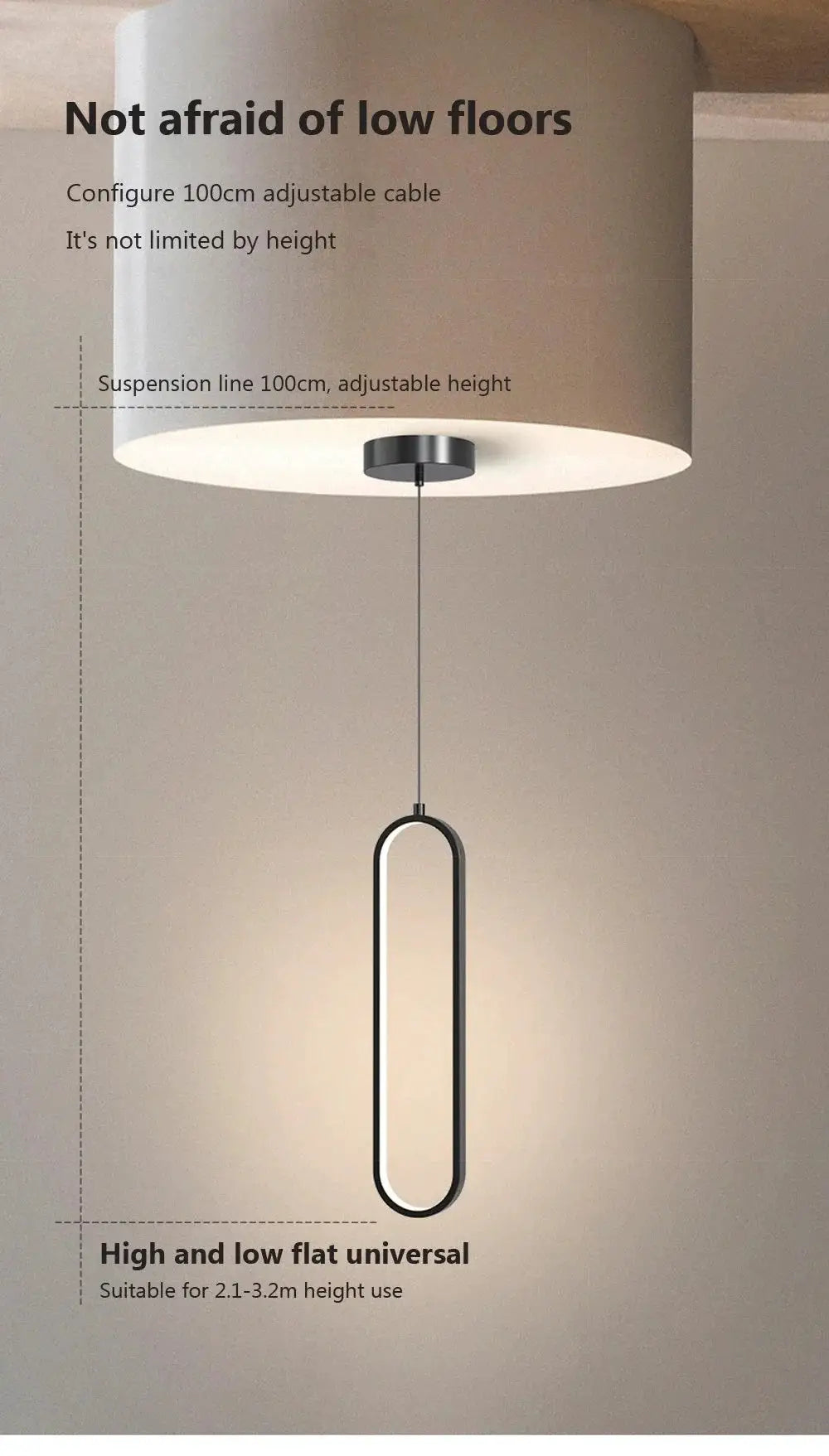 Modern minimalist LED pendant light with beige fabric shade and black arched frame for bedroom or living room