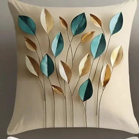 Bohemian blue and white floral pillowcase; beige background with teal and gold leaves, decorative cushion cover