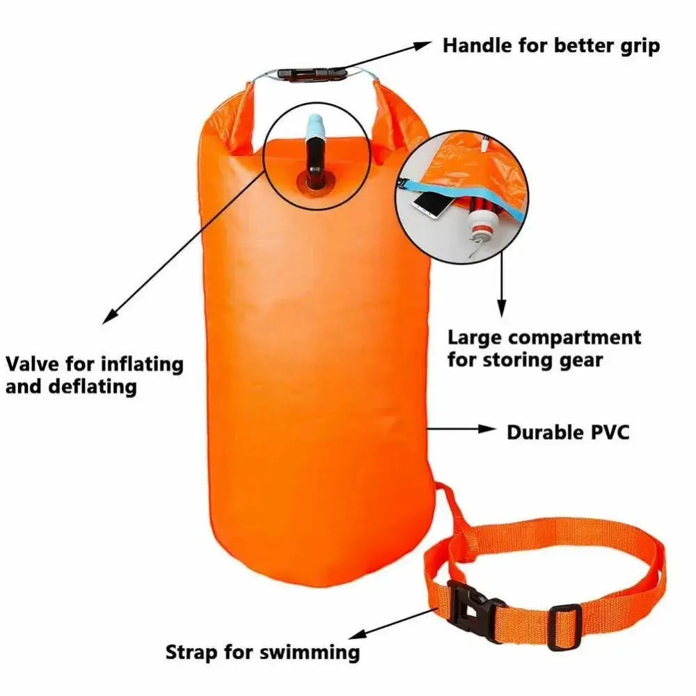 Inflatable Open Water Swimming Buoy Tow Float Dry Bag With Double Air Chambers And Adjustable Waist Belt