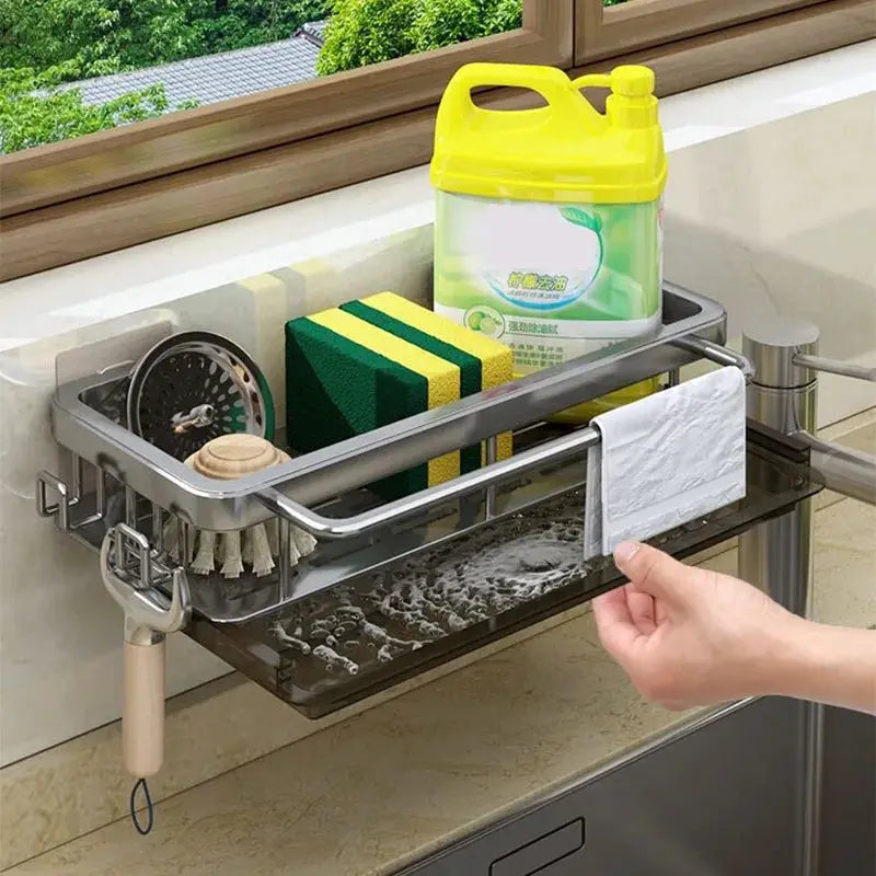 Simples Market stainless steel wall-mounted punch-free kitchen drain rack with sponge, brush and towel