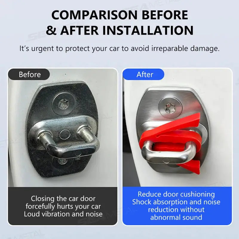 SEAMETAL Upgraded car door shock absorber with red silicone pad; before/after installation comparison
