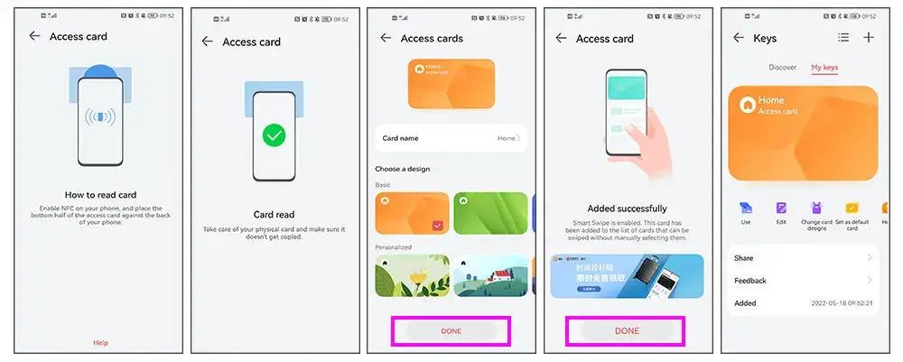 Outdoor Access Control System Kit: 5 smartphone screenshots showing RFID card setup and access app controls