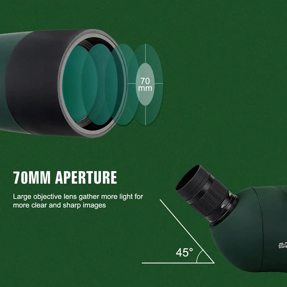 SV28 spotting scope, green body with 70mm aperture and black eyepiece
