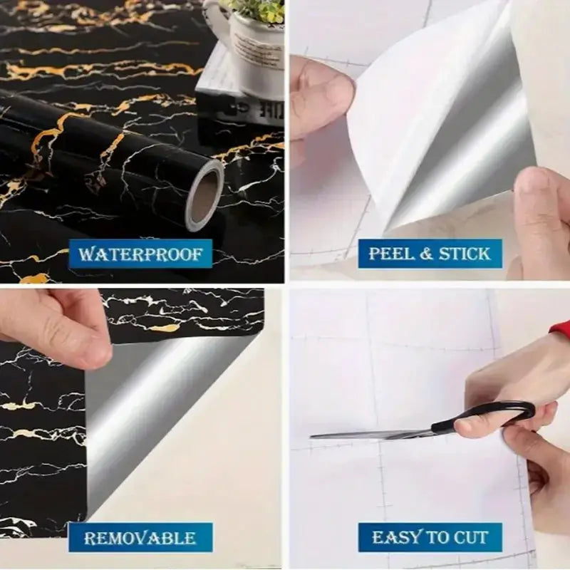 40cm self-adhesive kitchen wallpaper roll in black marble pattern, waterproof and removable, peel-and-stick, easy to cut.