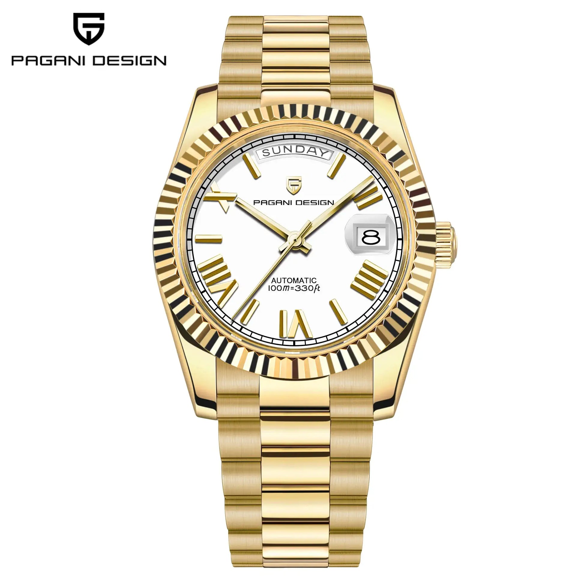 PAGANI DESIGN DD36 rose gold automatic men's watch with white dial and day/date window