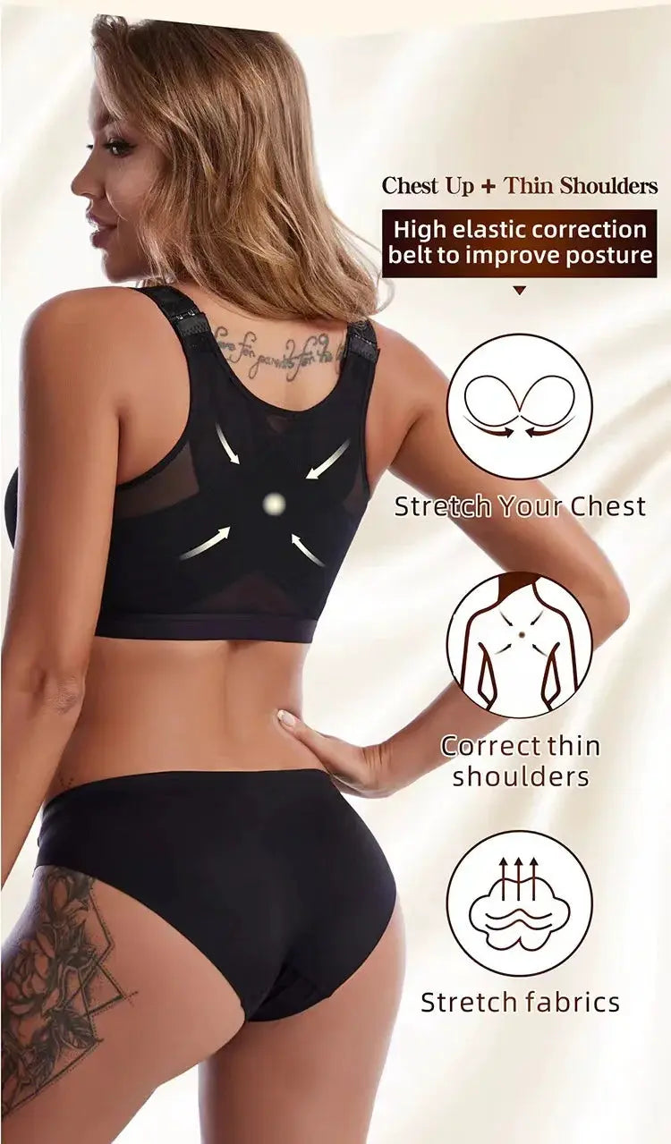 Black front-closure wireless bra with mesh back panels worn by a woman