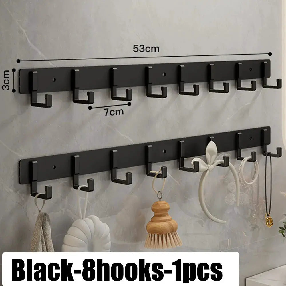 Simples Market black aluminum punch-free wall hook rack with 8 hooks for kitchen and bathroom