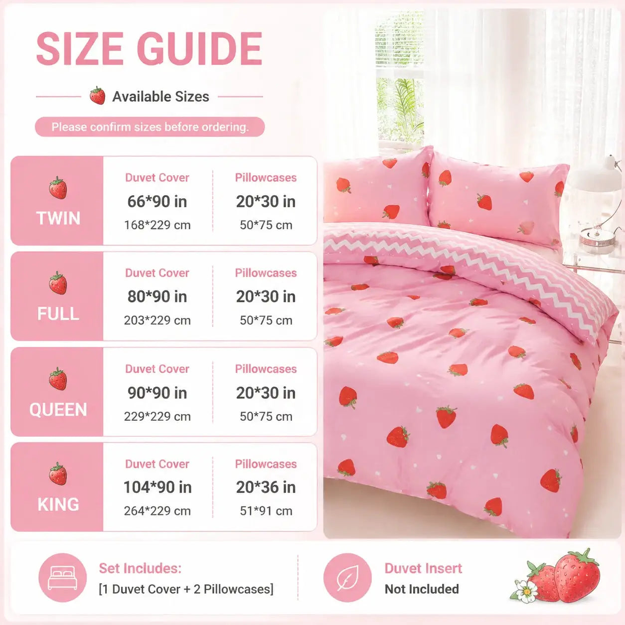 Duvet cover set, pink strawberry-pattern with two pillowcases, twin size.
