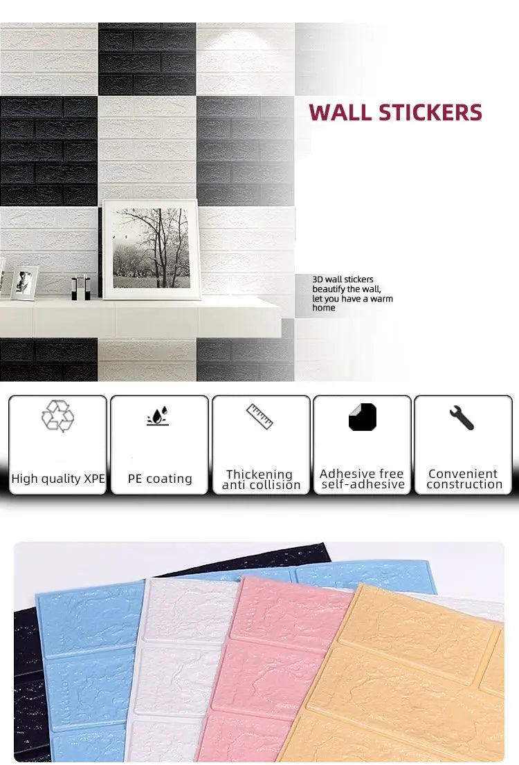 3D brick pattern wall panels wallpaper by Simples Market; waterproof, self-adhesive with multicolor color swatches
