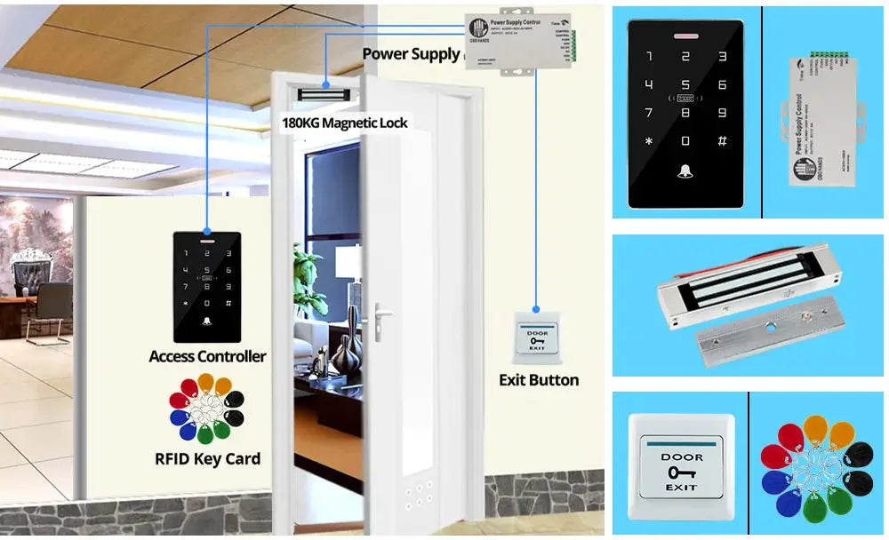 Outdoor waterproof access control kit by Simples Market with RFID keypad, 125KHz/13.56MHz NFC, and 180kg electric magnetic lock