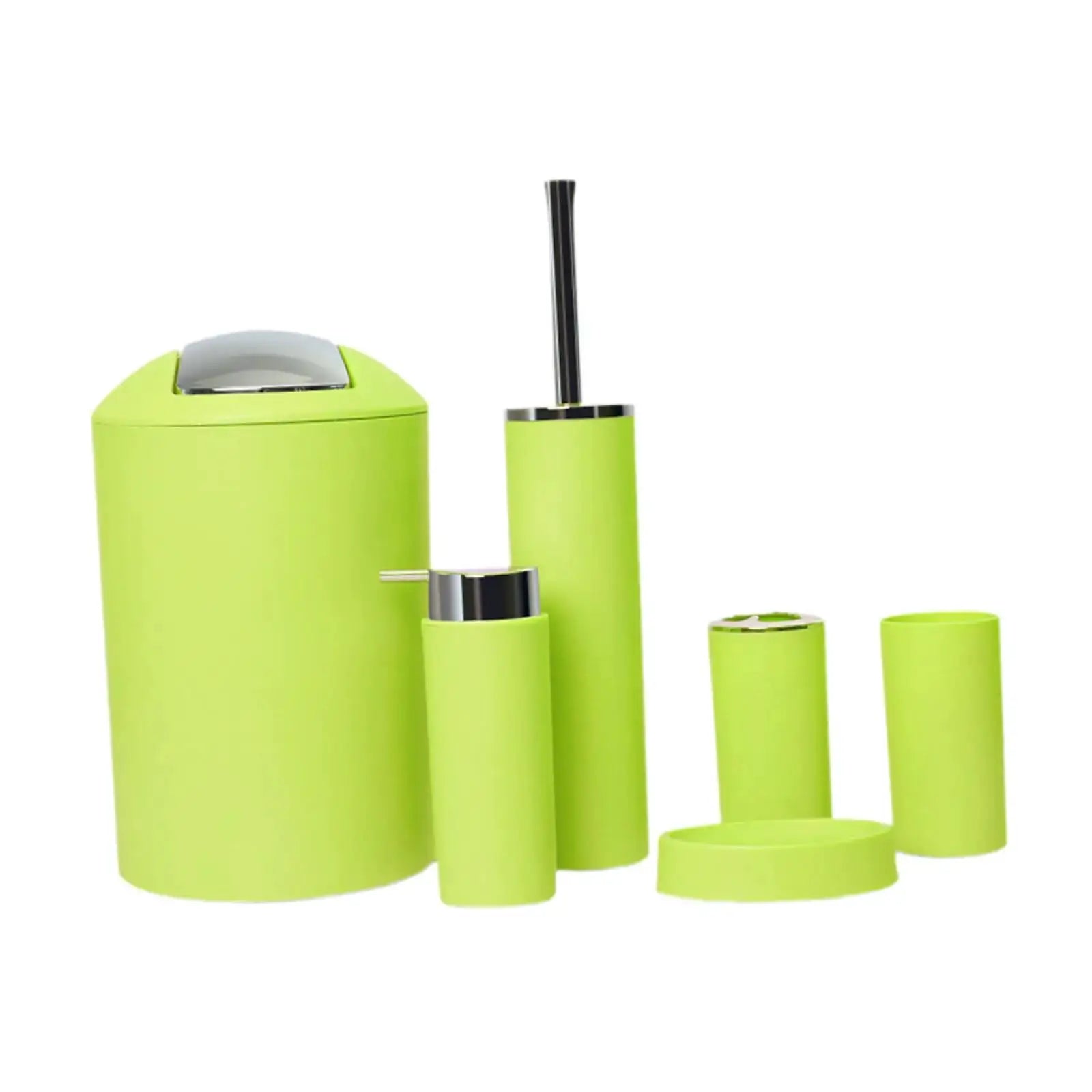6-piece lime green bathroom accessories set: trash can, lotion dispenser, toothbrush holder, soap dish, toilet brush