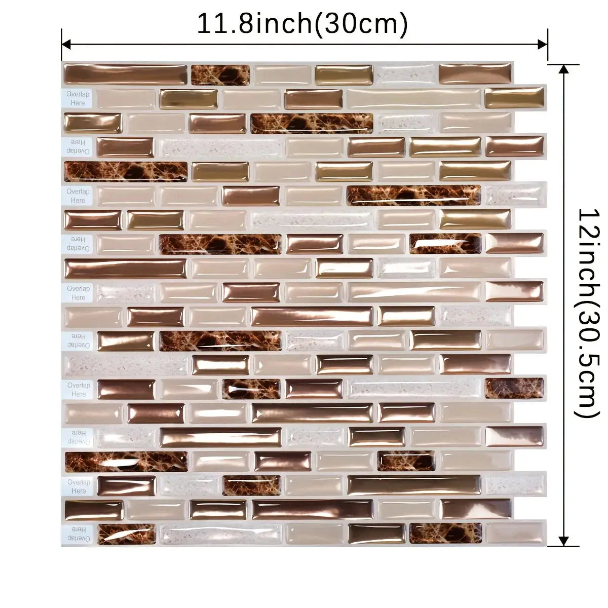 Gold mosaic self-adhesive wall tile sheet, 11.8 x 12 in, copper and beige marble bricks for kitchen backsplash.