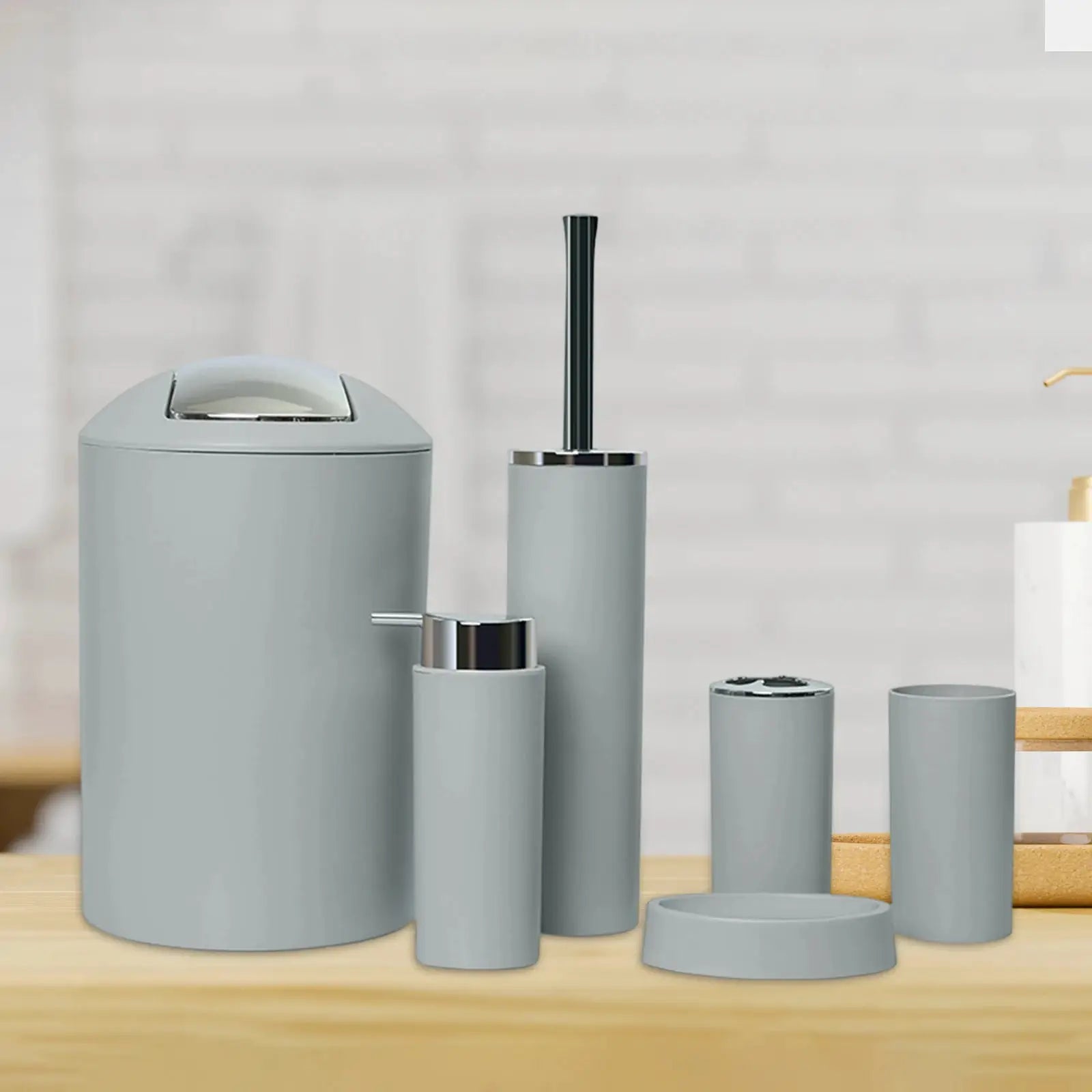 6-piece Simples Market bathroom accessories set matte gray; includes trash can, toilet brush, brush holder, soap dish.