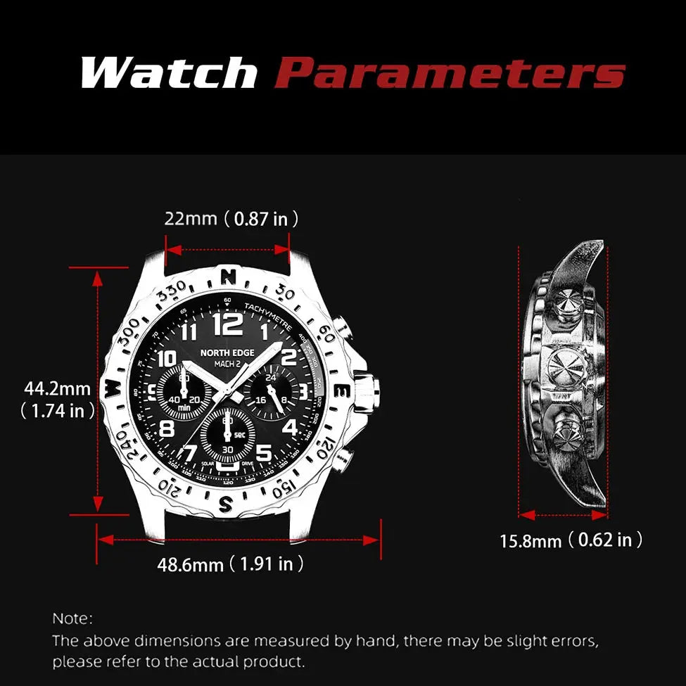 NORTH EDGE Mach 2 men's watch with black dial and silver 316 stainless steel case