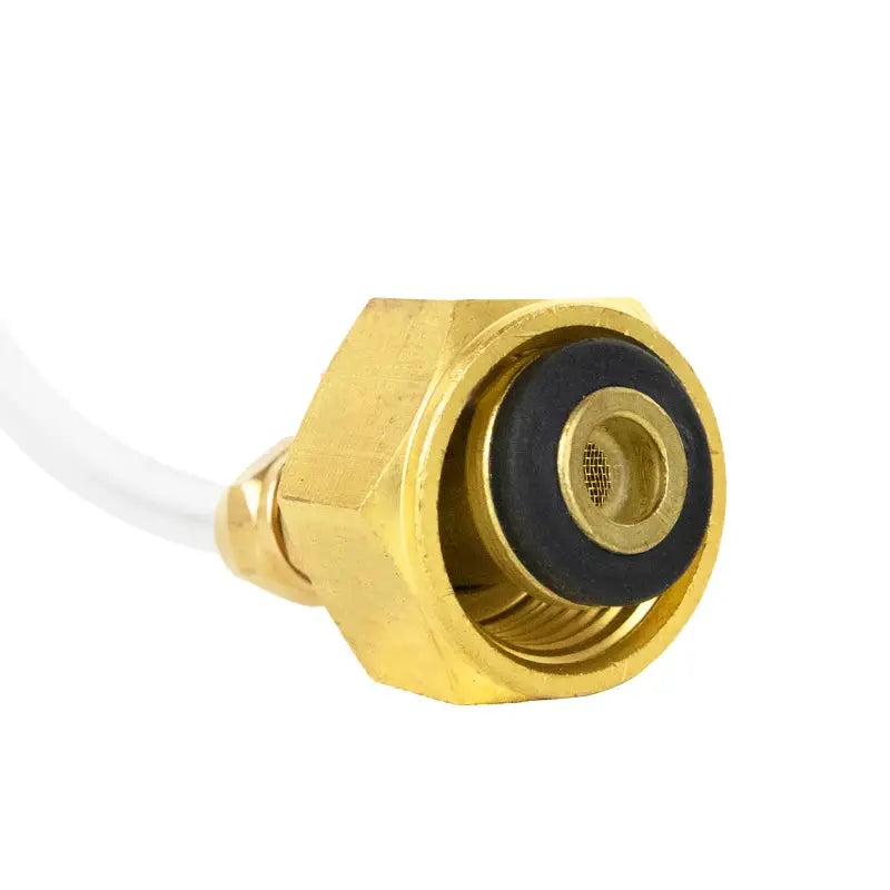 Camping gas refill adapter, brass with black seal and white hose
