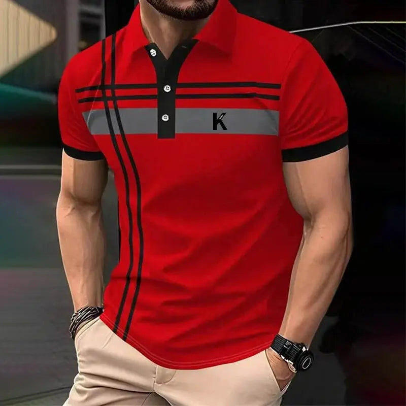 Men's red short-sleeve rugby polo shirt with black trim, gray stripe and a K letter on chest