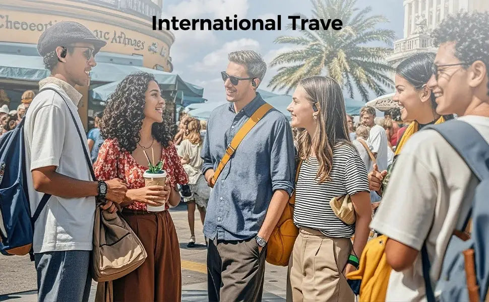AI Translator Earbuds Erazer XP6 wireless headphones by Simples Market in a sunny outdoor group of travelers.