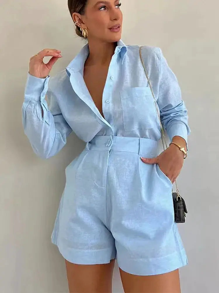Women Long Sleeve Two Piece Set With Button Down Shirt And Shorts
