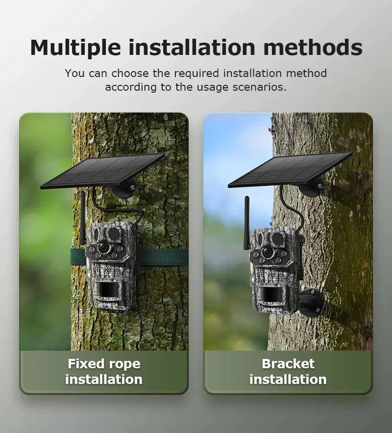 INQMEGA4G trail camera with solar panel by Simples Market, 2K/5MP PIR, IP66, rope or bracket mounting