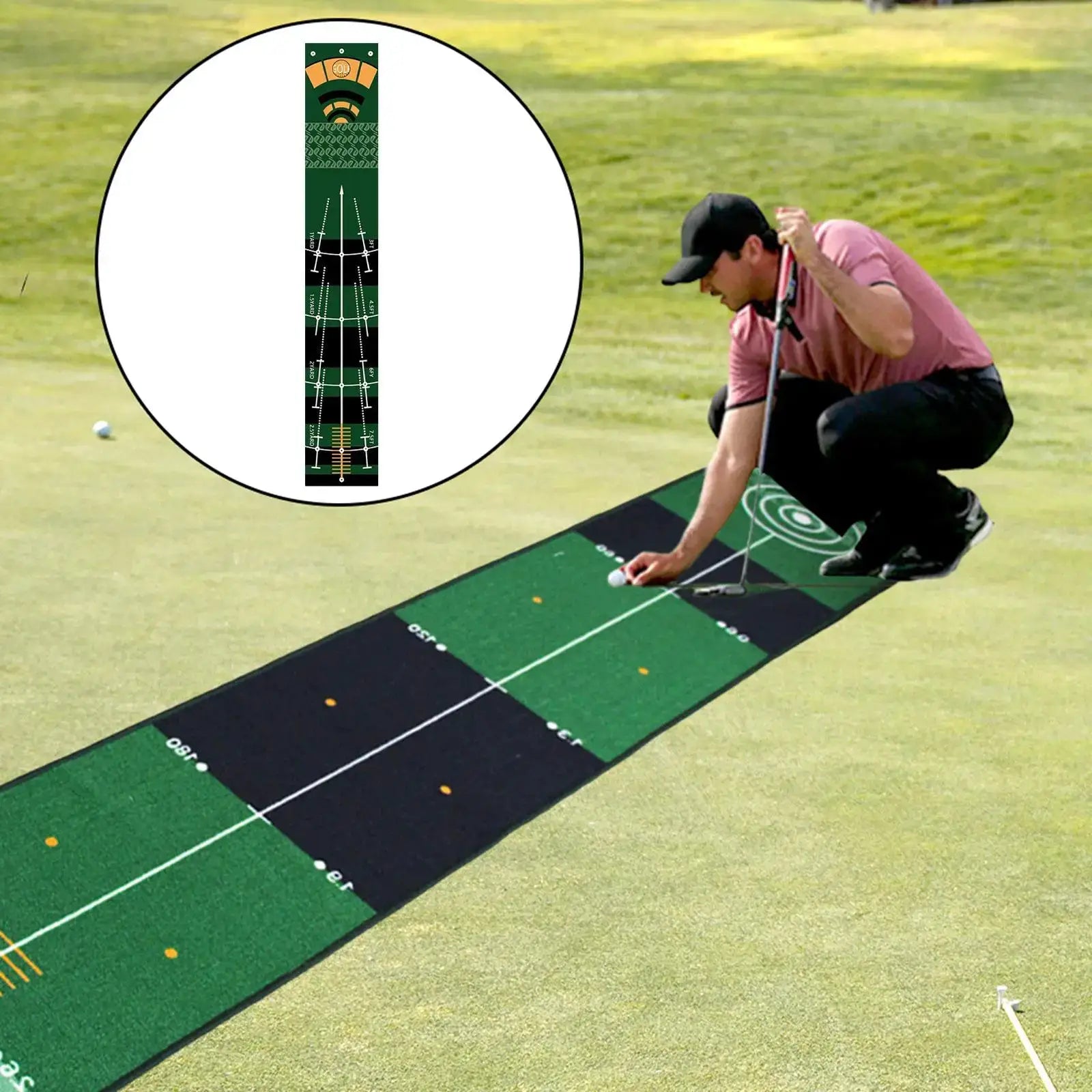Golf putting mat training aid on lawn; lightweight portable green/black mat with alignment grid.