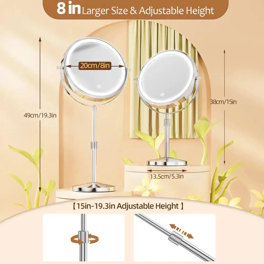 Simples Market 8in lighted makeup mirror set with 1x/10x magnification, touch control, rechargeable, adjustable height