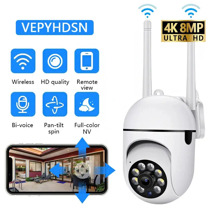 White 8MP WiFi PTZ security camera with 4x zoom and two-way audio for remote viewing