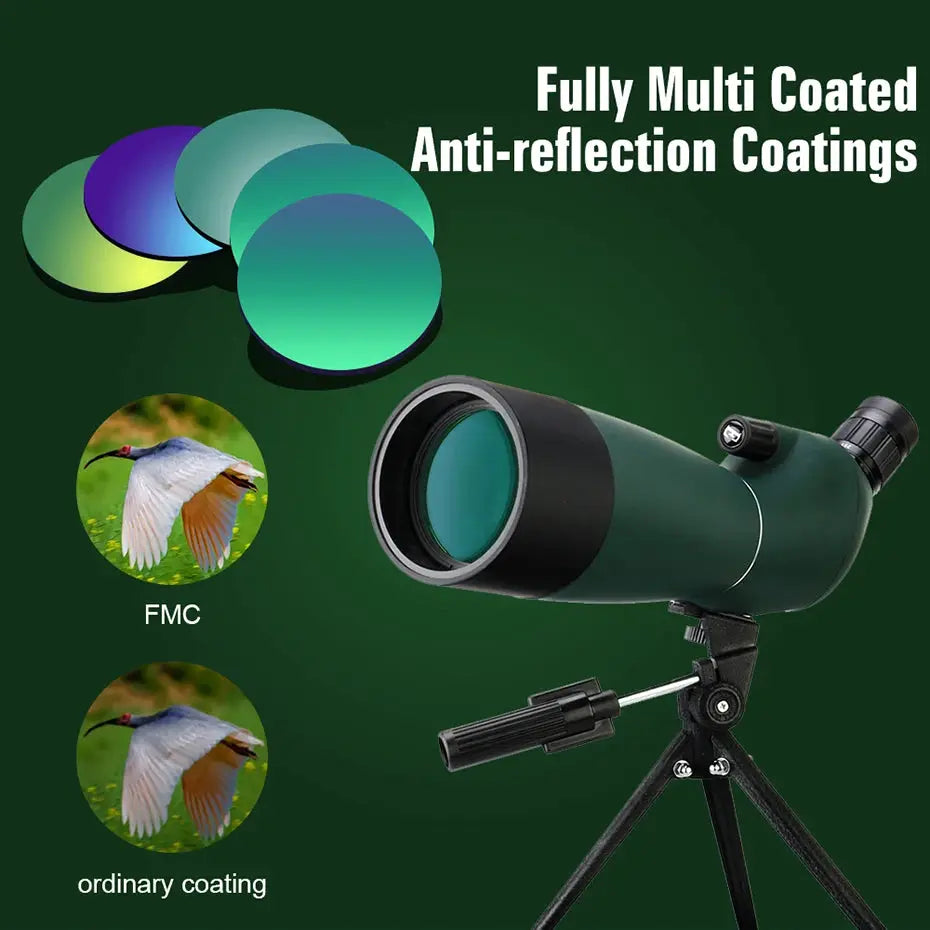 SVBONY SV28 spotting scope on tripod, green body with FMC anti-reflection coatings
