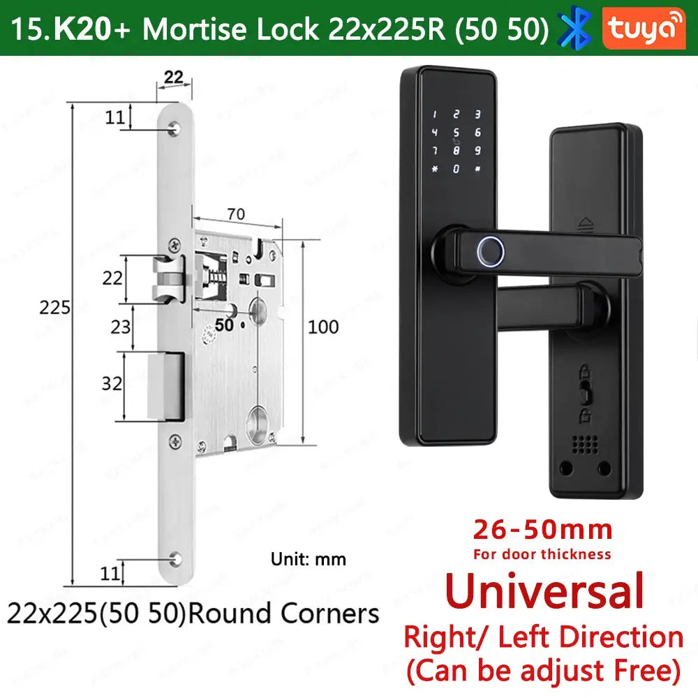 RAYKUBE K20 biometric door lock with touchscreen keypad, fingerprint access, Tuya app, IC card, password, key unlock