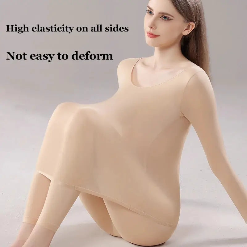 CozyWear Ultra Thin Seamless Warm Underwear Set For Women High Elasticity Slim Fit Long Sleeve Top For Sleepwear