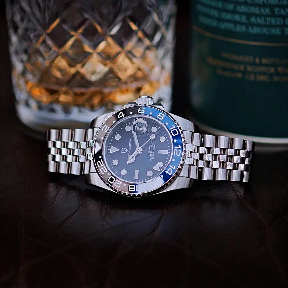 PAGANI DESIGN stainless steel GMT men's watch with blue dial and bi-color bezel, sapphire glass