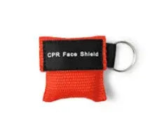 Keychain CPR face shield pouch in orange with black label and metal ring, Simples Market
