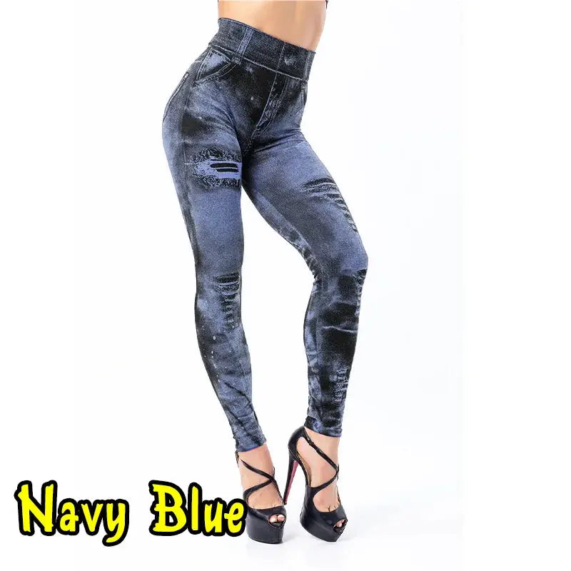 VivaFlex Women Imitation Jeans Stretch Leggings High Waist Slim Push Up Fit All Day Comfort
