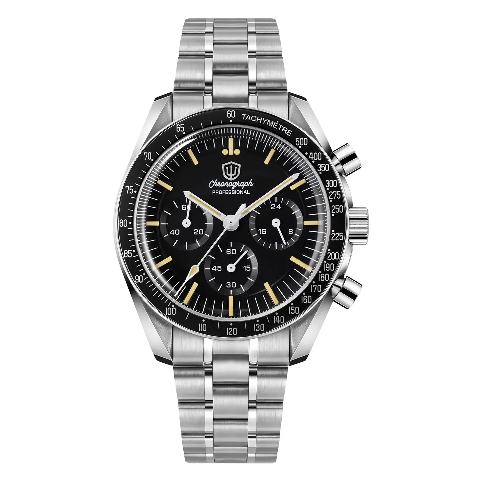 Watchdives WD1863 chronograph watch with stainless steel bracelet, black dial, sapphire crystal, tachymeter bezel, gold markers