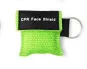 Keychain CPR face shield mask in neon green mesh pouch by Simples Market
