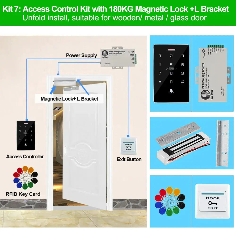 Outdoor access control kit with waterproof RFID keypad, 180 kg magnetic lock, exit button and mounting hardware