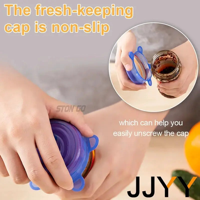 Silicone stretch lid, blue reusable universal food cover for bowls and jars with non-slip grip.