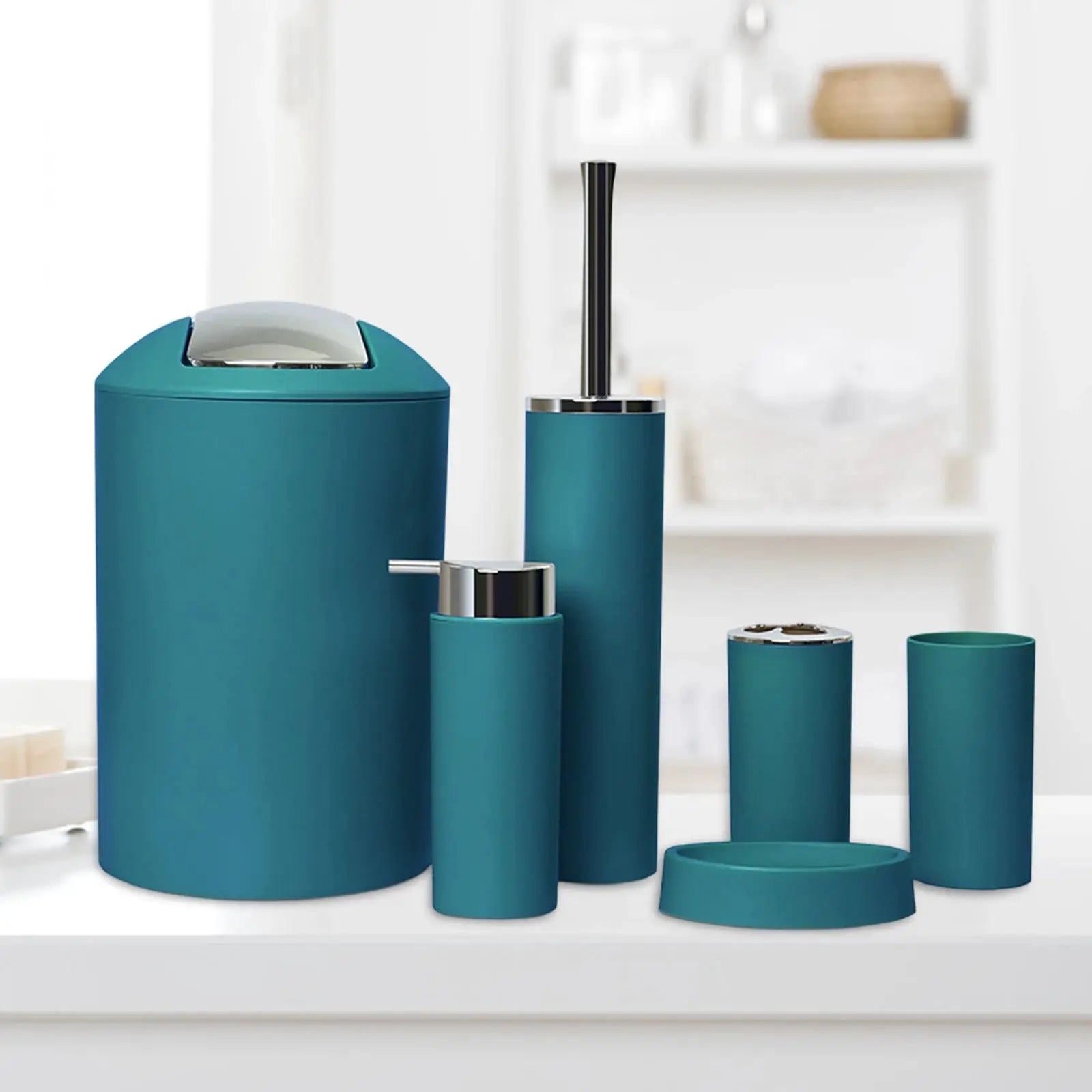 Simples Market teal 6-piece plastic bathroom set with trash can, toilet brush holder, soap dispenser