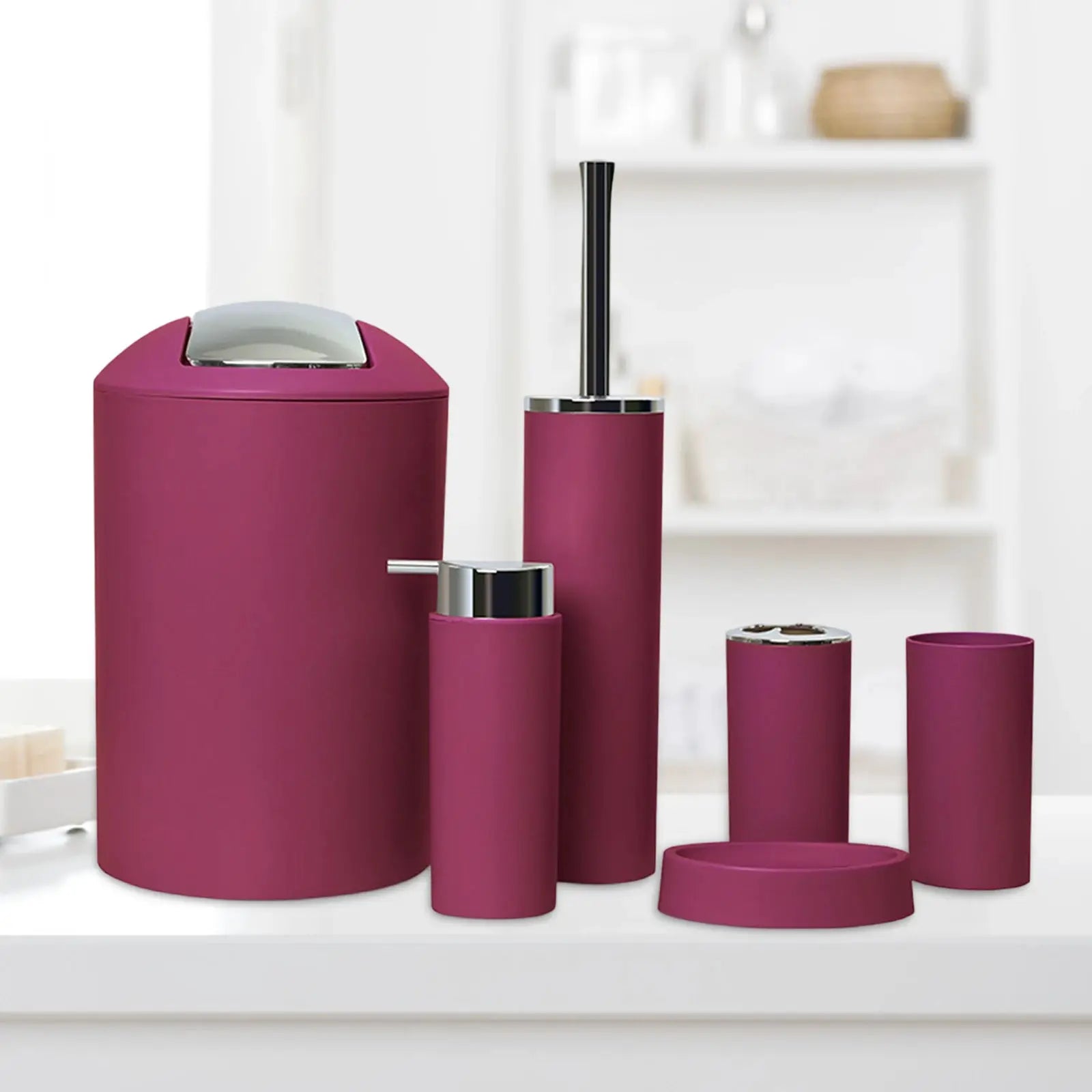 6-piece magenta plastic bathroom accessories set with chrome accents