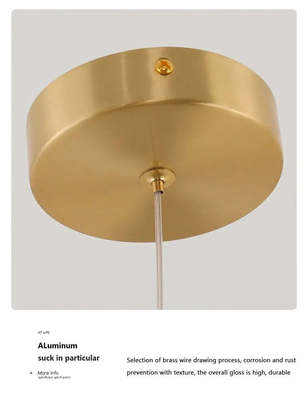 Gold aluminum LED pendant light with round ceiling canopy and fabric cord.