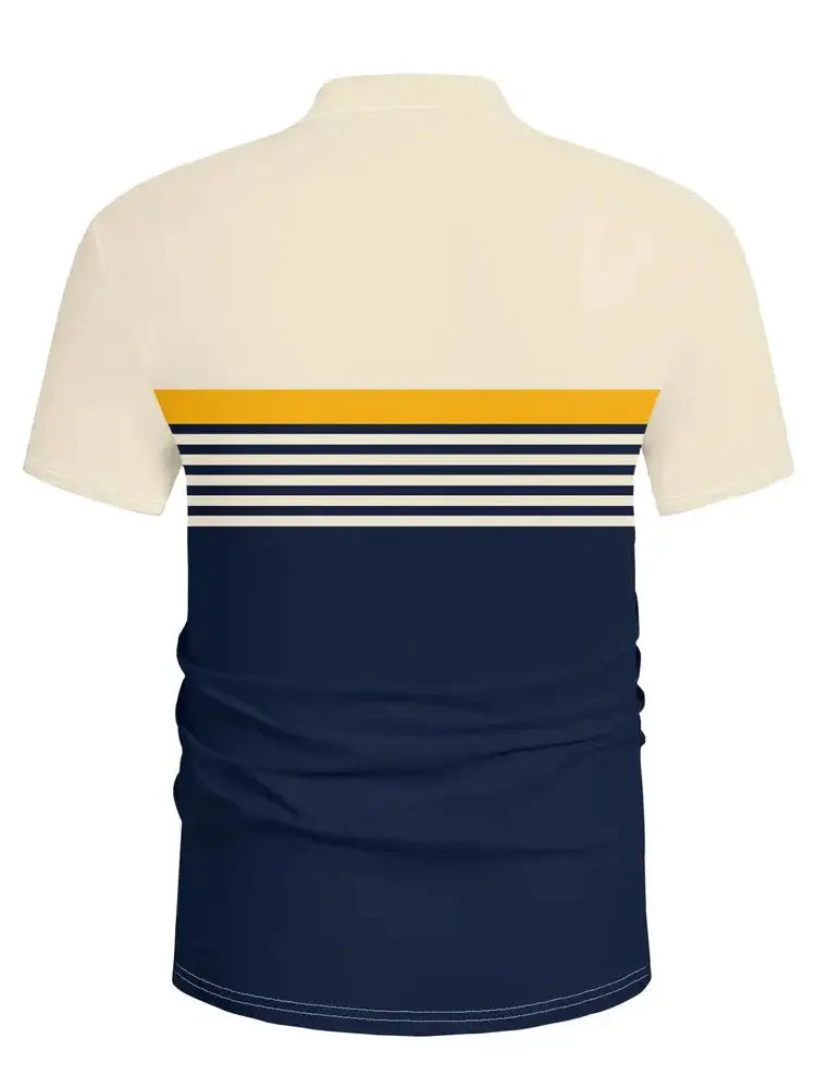 Men's Casual Short Sleeve Polo Shirt With 3D Horse Print And Striped Color Block Design Collared Golf Shirt Summer